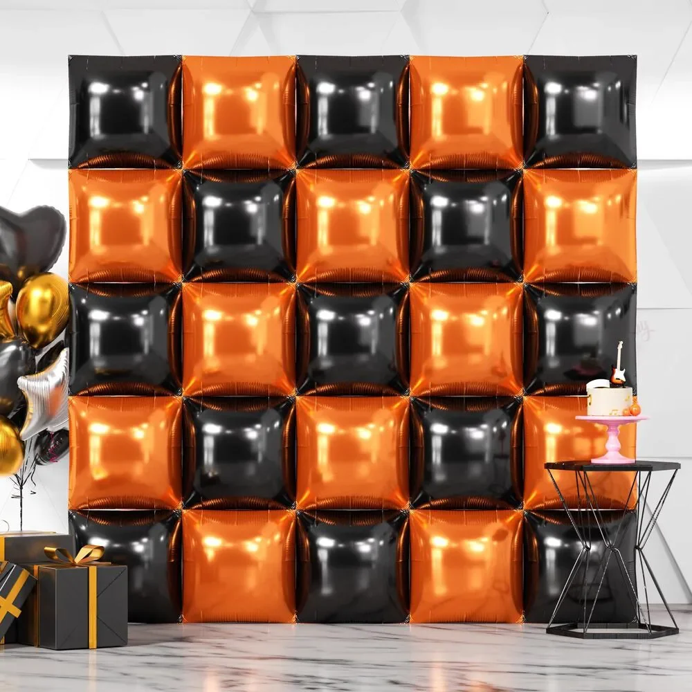 25PCS Halloween Black Orange Square Foil Balloons Wall Backdrop Double Sided